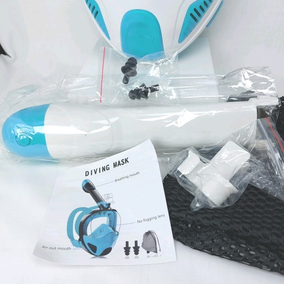 Full Face Snorkel Mask Set with Panoramic Anti-Fog Goggles White/Turquoise - Picture 2 of 4